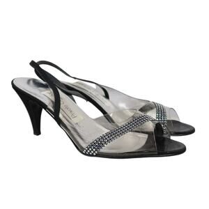 Vintage 90s Clear and Black Rhinestone Peep Toe Slingback Heels 9 N